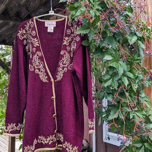 Gold Embellished Maroon Holiday Cardigan